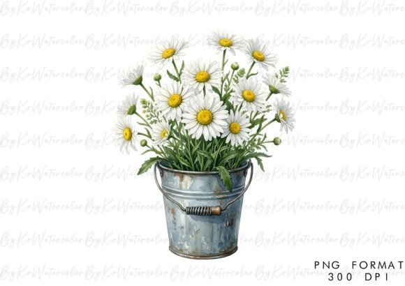 Daisies in Bucket Watercolor Clipart