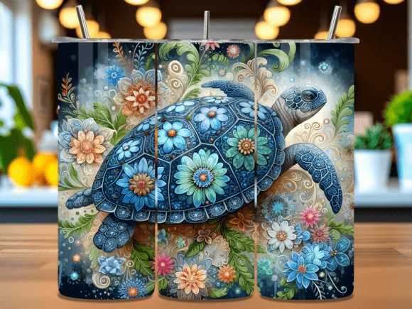 Floral Sea Turtle Tumbler Wrap PNG