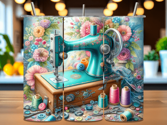 Floral Sewing Machine Tumbler Wrap PNG