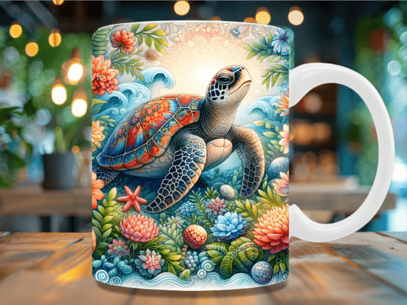 Vibrant Floral Coral Reef Sea Turtle Mug