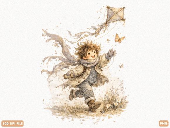 Whimsical Child with Kite PNG